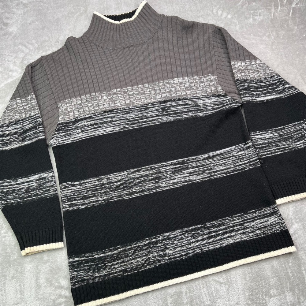 Vintage Southpole Mock Neck Sweater Mens Large Black Grey Striped Ribbed Knit‎